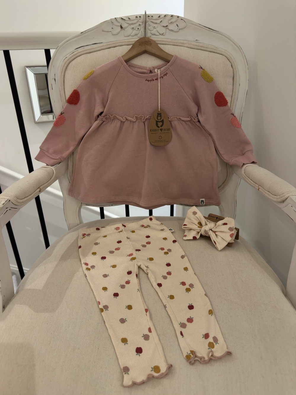 🍎 24 Mth Organic Cotton Dusty Rose & Cream Embroidery Boucle Apple Dress NWT